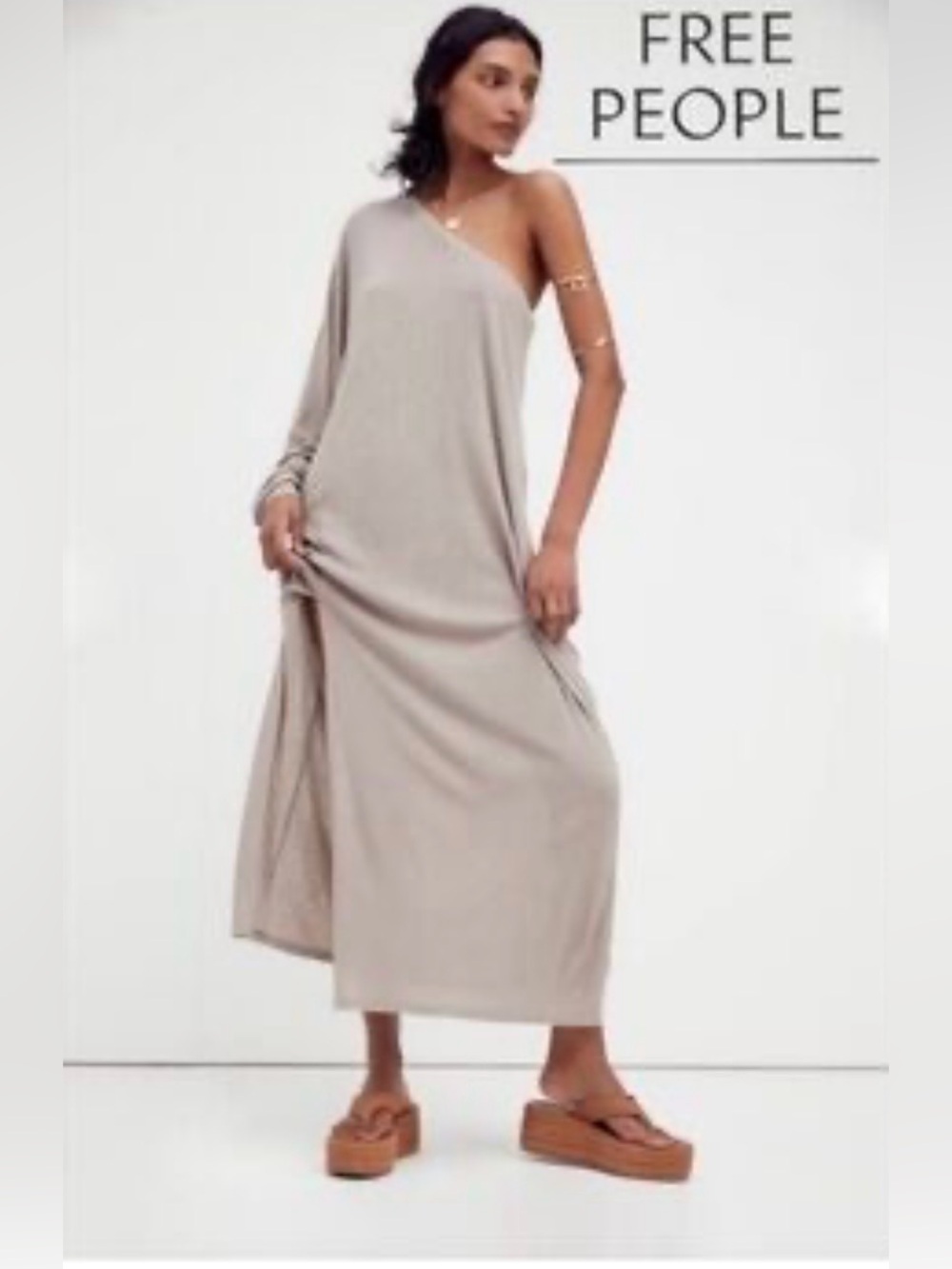 Free People Beach Kara One Shoulder Maxi Linen Blend Dolman Sleeve Side Slit
